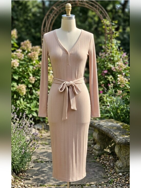 starlet Dresses & Skirts - . Ribbed Long-Sleeve Tie-Waist Midi Dress in Tan